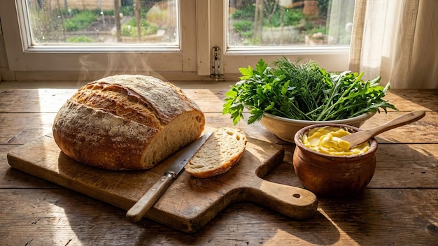 Świeży chleb i składniki na drewnianym stole
